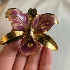 Vintage Orchid Flower Gold Tone Purple Pink Enamel 3D Statement Brooch Pint